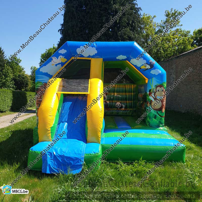 Le château gonflable couvert "Combo Jungle" avec toboggan en livraison